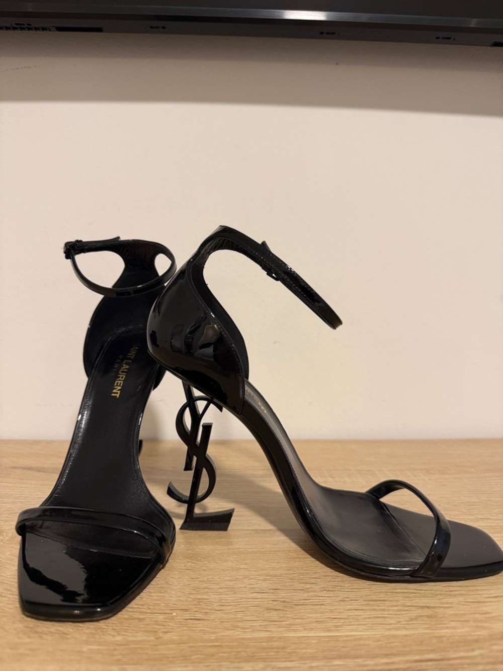 Saint Laurent Black Patent YSL Logo Stiletto Sandals with Ankle Strap
